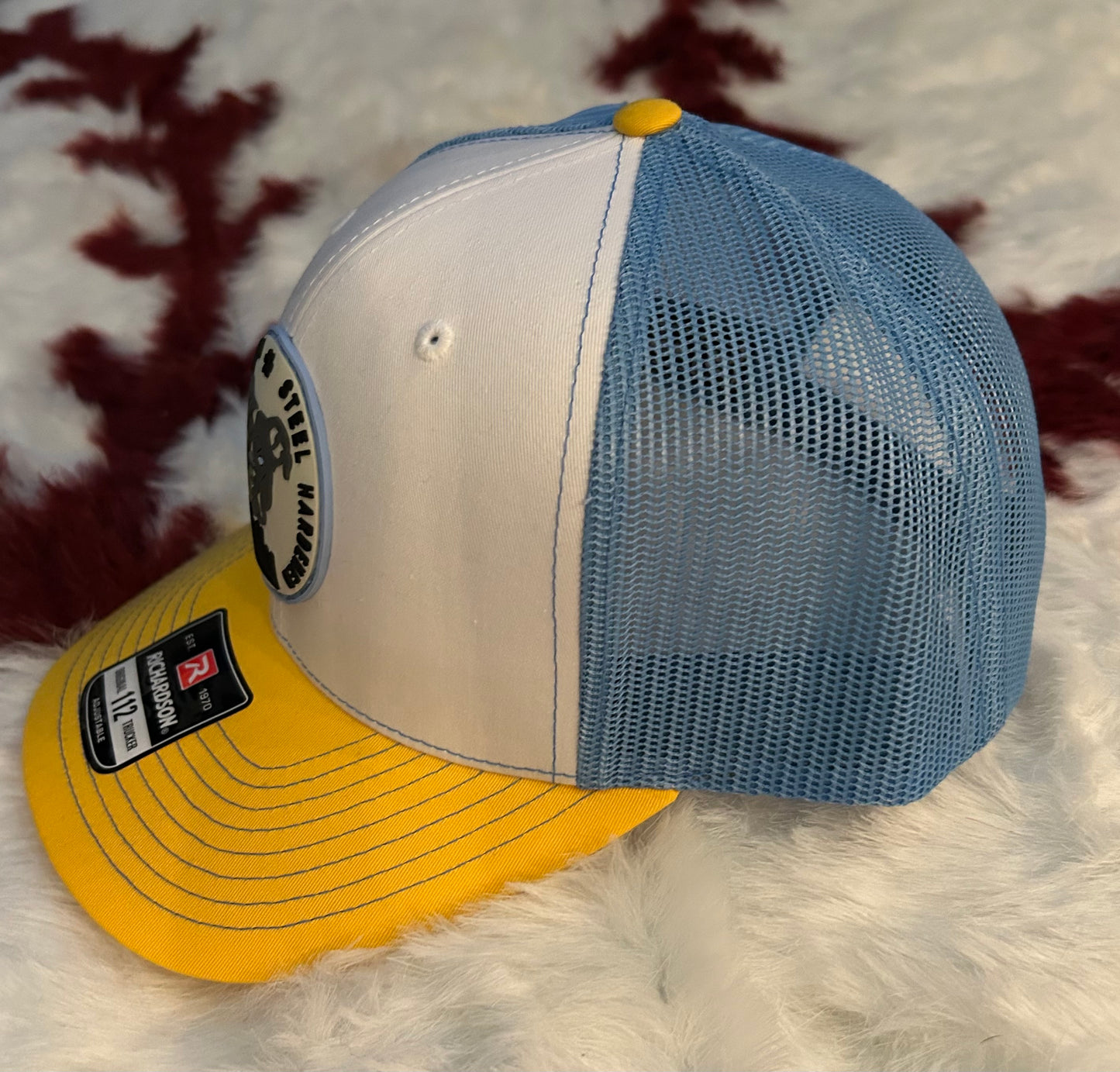 Blue, Yellow, White Snapback Trucker w/Patch